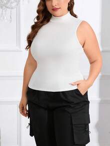SHEIN Essnce 女款大尺碼立領純色無袖背心 - 白色 - 查看 3