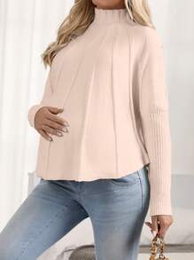 SHEIN Maternity Stand Collar A-Line Sweater, For Winter - Baby Pink - View 5