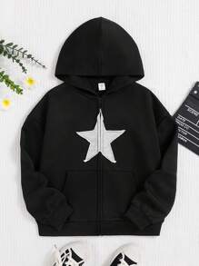 SHEIN Tween女孩星星印花針織連帽寬鬆風格運動衫 - 黑色 - 查看 1