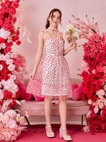 少女撞色网眼爱心印花吊带连衣裙 - 白色 - 查看 4