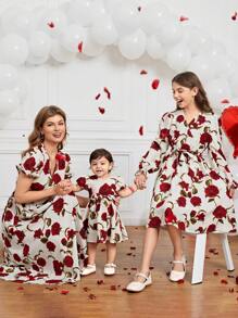 少女V領可拆卸腰帶花卉印花裙，媽咪和我撞衫套裝（3件分別出售） - 米色 - 查看 4