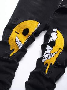 Men Cartoon Graphic Ripped Jeans - Dark Grey - View 5