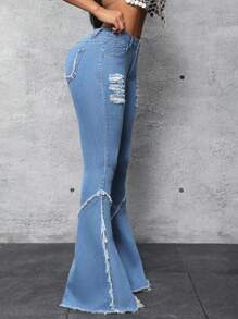 SHEIN SXY Women'S Frayed Hem Flare Leg Denim Jeans - Multicolor - View 1