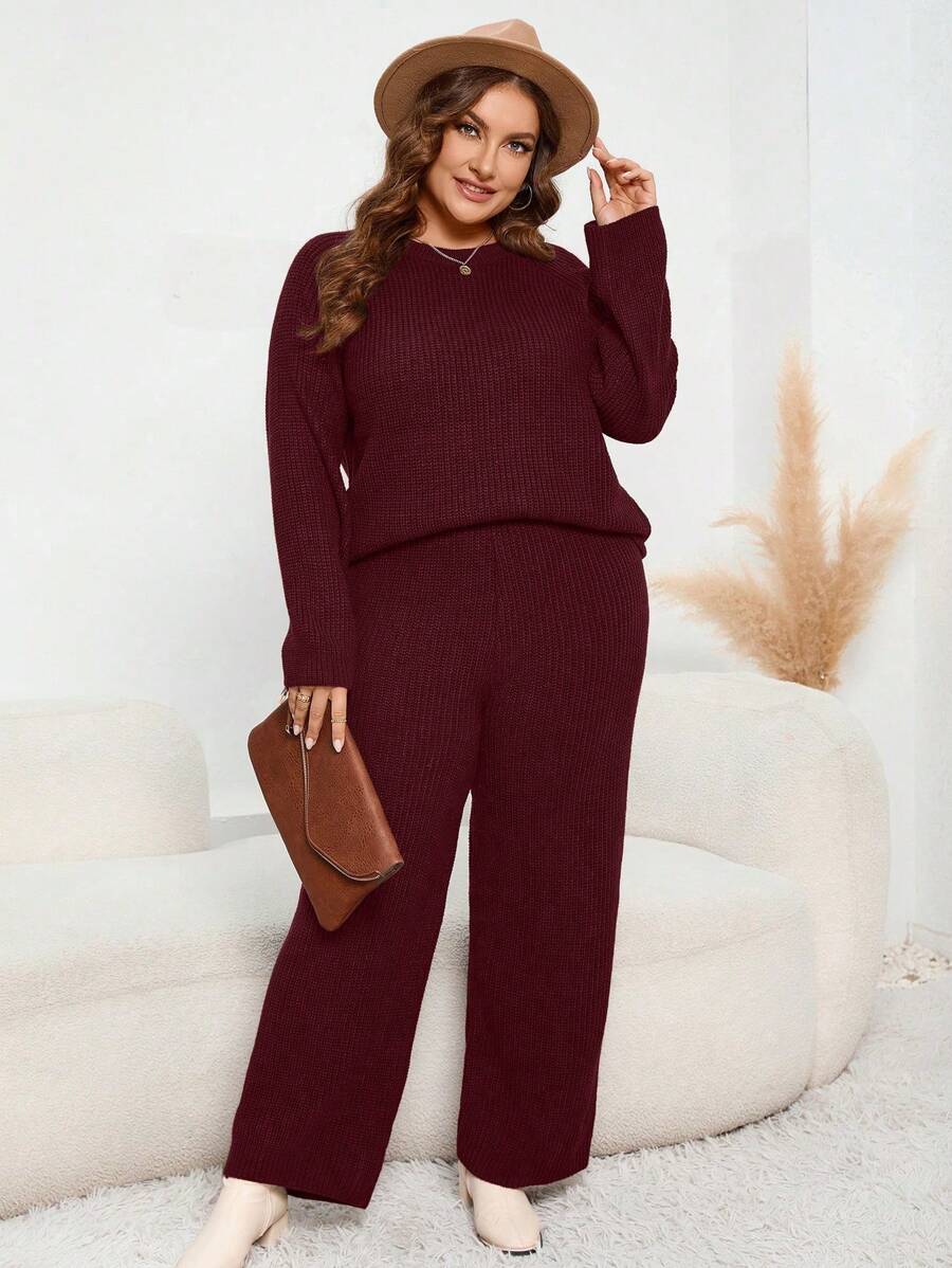 SHEIN LUNE Plus Size Women's Round Neck Drop Shoulder Sweater And Sweater Pants Set - Burgundy - View 1