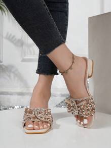 女士新款水钻装饰一脚蹬凉鞋，时尚奢华亮片珍珠链花朵露趾百搭迷人凉鞋