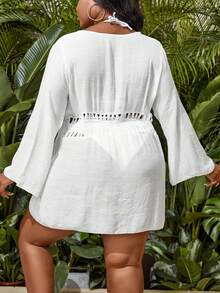 SHEIN Swim Curve Women'S Plus Size Solid Color Obi Belt Japanese Kimono - White - View 2