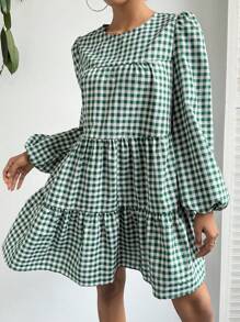SHEIN Essnce 女士格紋褶襾袖娃娃裙，情人節約會裝 - 綠色 - 查看 5