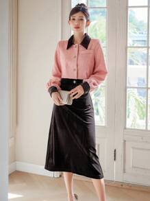 DAZY Women's Colorblock Jacket With Solid Color Knee Length Skirt Set, Women Two Pieces Sets,Fall Clothes - Pink - View 9