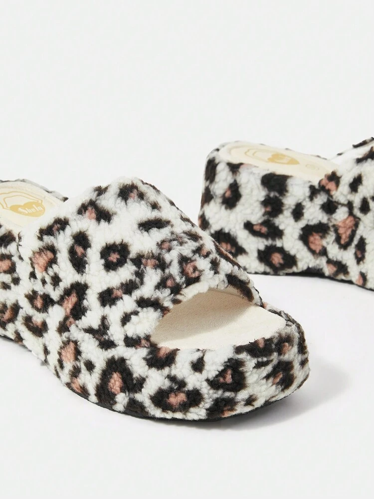 Ladies' White Leopard Print Fluffy Wedge Sandals With Platform, Casual Style New Arrival