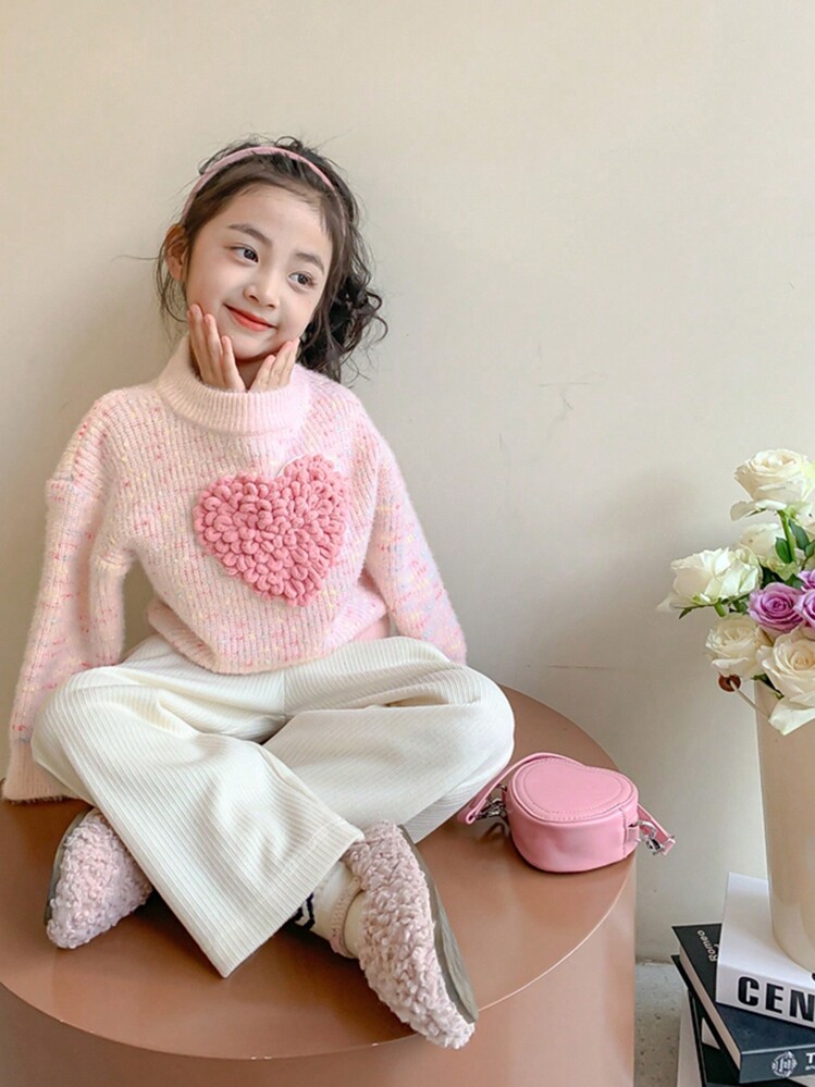 Tween Girl Colorful Heart Graphic Long Sleeve Sweater - 粉色 - 查看 9