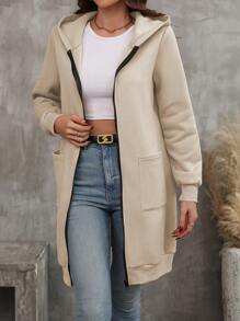 EMERY ROSE Women's Solid Color Zipper Front Hoodie With Double Pockets - Apricot - View 1