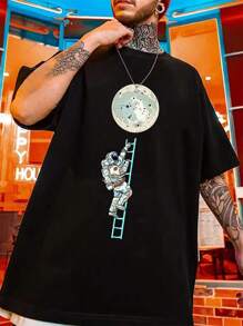 Men's Funny Printed Short Sleeve Drop Shoulder T-Shirt - Black - View 1