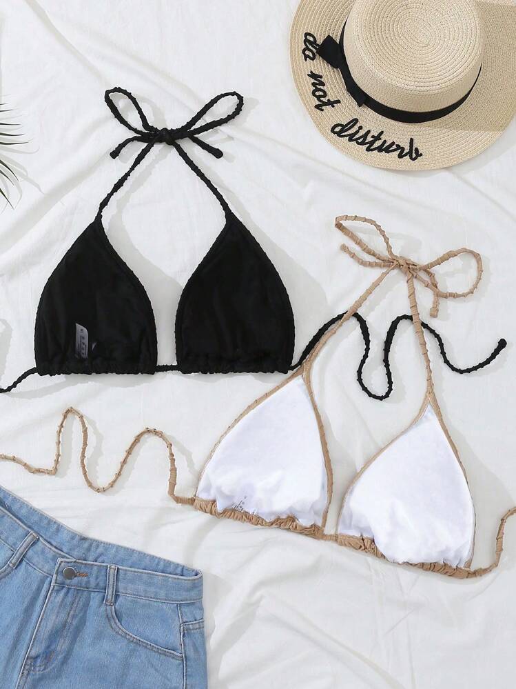 Swim Vcay Talla grande 2 piezas Top bikini triángulo unicolor de espalda abierta con cordón halter - Negro - Añade 2