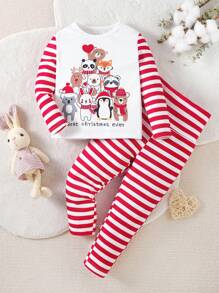SHEIN Baby Girl Striped & Cartoon Graphic Snug Fit PJ Set - Multicolor - View 1