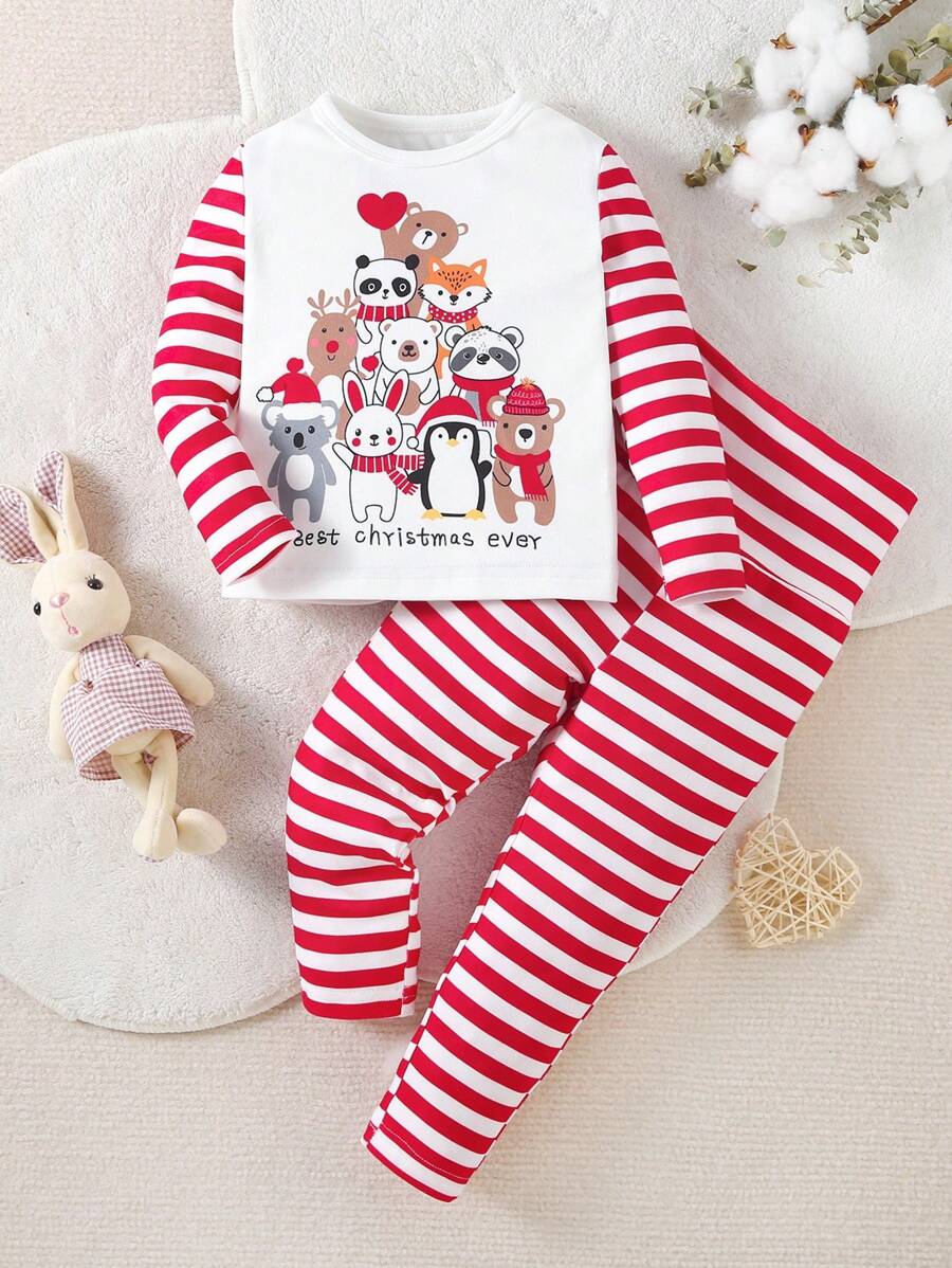 SHEIN Baby Girl Striped & Cartoon Graphic Snug Fit PJ Set - Multicolor - View 1