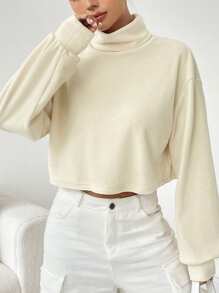 SHEIN EZwear 女式杏色高領針織t卹 - 杏色 - 查看 5