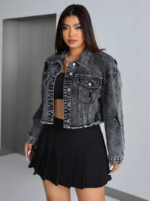 SHEIN ICON Kvinnors Plus Storlek Bedrövad Denimjacka Med Klaffickor - Svart - Visa 3