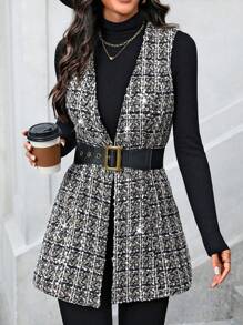 SHEIN Privé Women'S Plaid Sleeveless Jacket - Brown - View 1