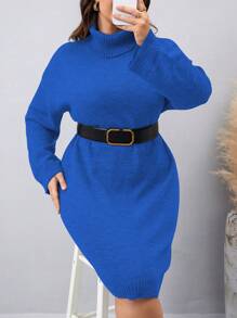 Mulvari 女士加大碼高領純色毛衣連衣裙 - 藍色 - 查看 5