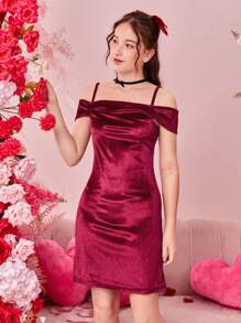 适合聚会的少女露肩天鹅绒连衣裙 - 酒紅色 - 查看 6