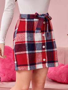 少女校風格子束帶 A 字裙 - 紅色 - 查看 3