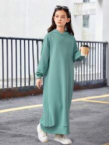 SHEIN Tween 女孩寬鬆復古連帽純色長衛衣連身裙 - 青碧色 - 查看 3