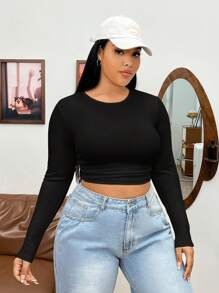 SHEIN EZwear Plus Solid Crop Tee - Black - View 4