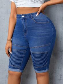 SHEIN SXY Kích thước lớn Nhấn Thon gọn Quần short Denim - Rửa tối - Xem 6