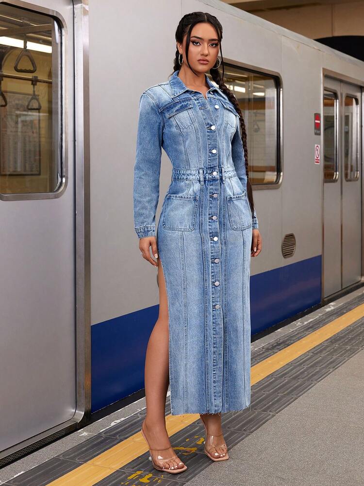 Women'S Side Slit Front Button Denim Dress Fall Cloth For Women