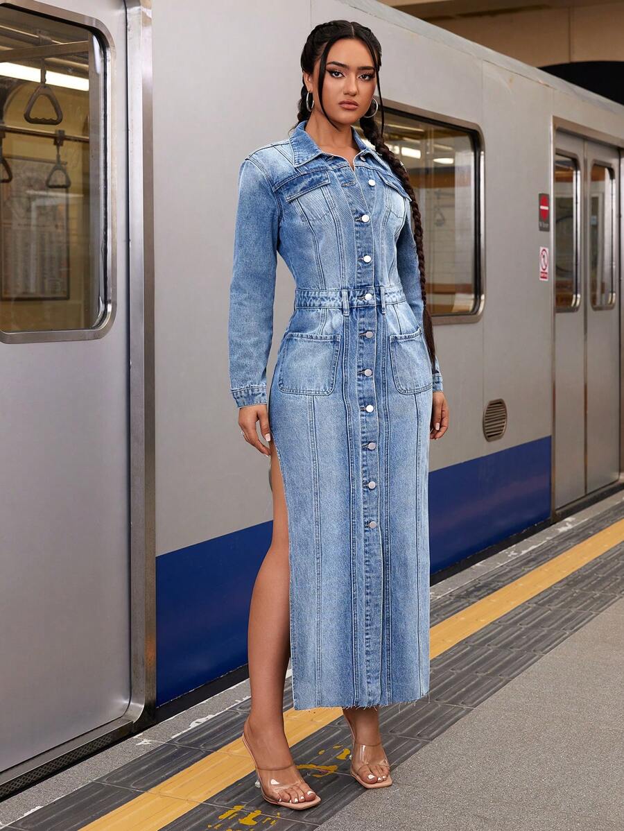 SHEIN ICON Women'S Side Slit Front Button Denim Dress Fall Cloth For Women - Medium Wash - View 1