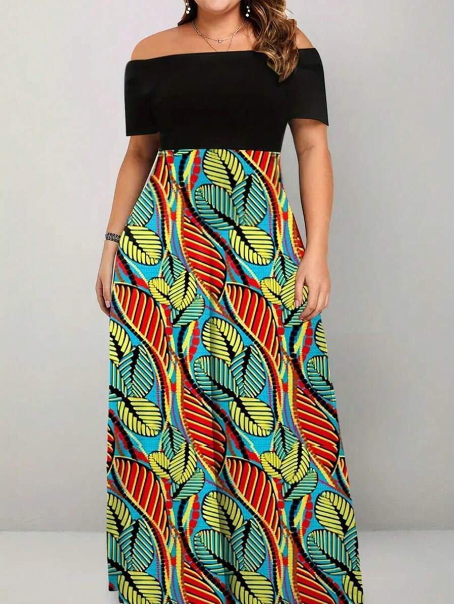 INAWLY Kích thước lớn Của phụ nữ Bản in lá Off Shoulder Đầm - Nhiều màu - Xem 1