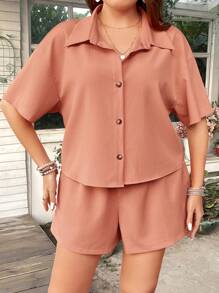 SHEIN MOOSTA 大尺碼女款純色紋理落肩襯衫與短褲套裝 - 珊瑚橙 - 查看 7