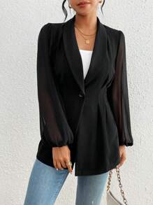 SHEIN Essnce Solid Color Draped Collar Pleated Coat - Black - View 3