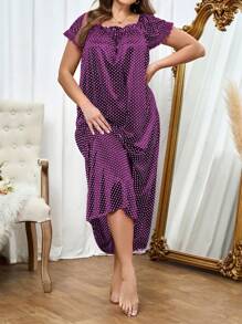 Camisón de noche con estampado de lunares y encaje talla grande, vestido largo - Morado - Ver 5