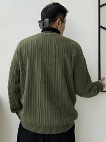 DAZY Men's Letter Patch Drop Shoulder Sweater Fall,Winter - Army Green - View 2