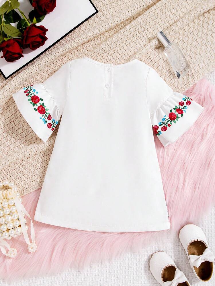 Baby Girls' Bohemian Style Mid-Sleeve Straight Dress With Rose Pattern Print