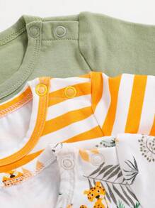 SHEIN Baby Boys' Cartoon Animal Print Striped Round Neck Short Sleeve Top