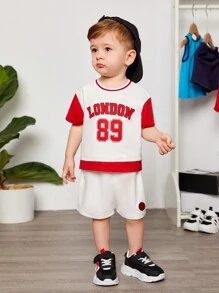 SHEIN Conjunto De Pantalones Cortos Y Top De Manga Corta Con Bloques De Color Deportivo Con Estampado De Letras Para Bebé Niño Y Niño