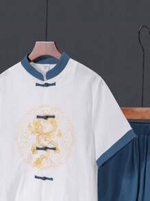 SHEIN Tween Boys' Comoda Camicia Casual A Maniche Corte Con Motivo A Bottoni In Tinta Unita Pantaloncini Hanfu Con Colletto Rialzato