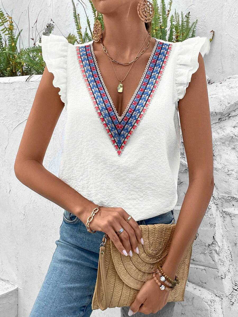 SHEIN VCAY 刺繡貼花荷葉邊女衫 - 白色 - 查看 1