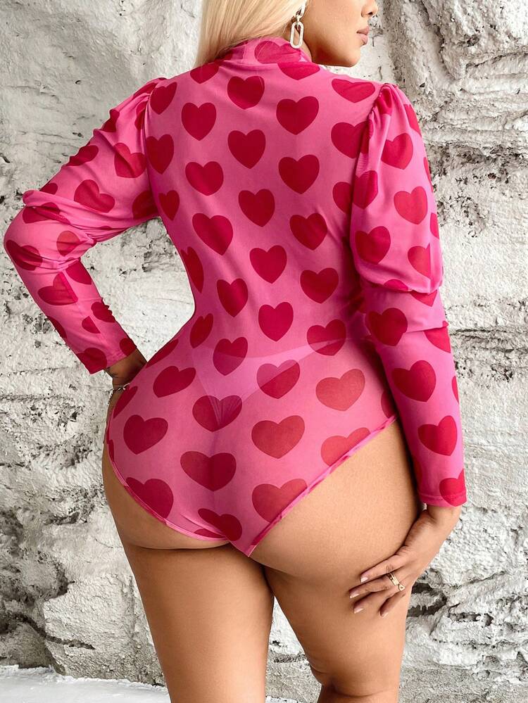 Plus Size Love Printed Mesh Bodysuit