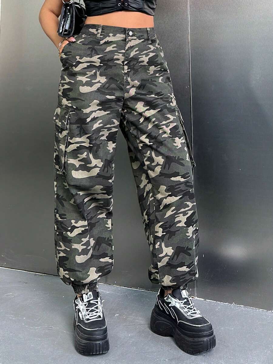 SHEIN ICON 大碼y2k迷彩高腰運動褲,帶貨櫃口袋 - 軍綠色 - 查看 1