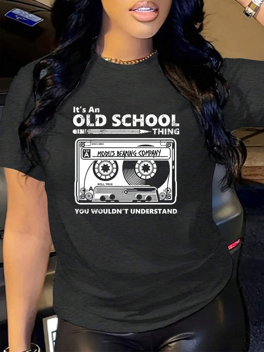 Women's Slogan Tape Printed Round Neck T-Shirt - Dark Grey - View 1