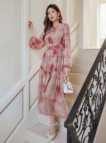 DAZY Đầm nữ in hoa, đầm hoa xếp nếp, đầm tay dài mùa thu, đầm lễ Phục sinh - Hồng - Xem 12