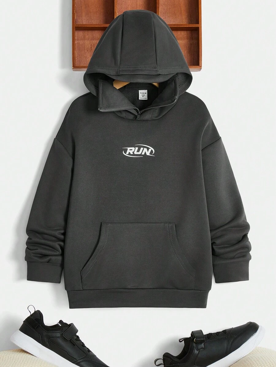 SHEIN Áo nỉ tay rớt vai in họa tiết dáng rộng thoải mái cho bé trai tuổi teen - Xám - Xem 1