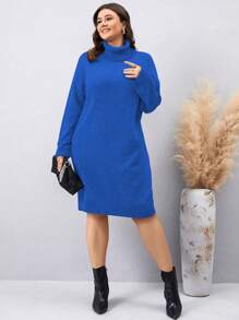 Mulvari 女士加大碼高領純色毛衣連衣裙 - 藍色 - 查看 3