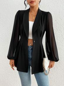 SHEIN Essnce Solid Color Draped Collar Pleated Coat - Black - View 1