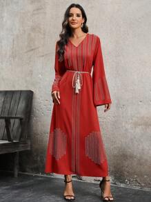 Modelyn 女式水鑽裝飾喇叭袖連身裙 - 橘色 - 查看 4