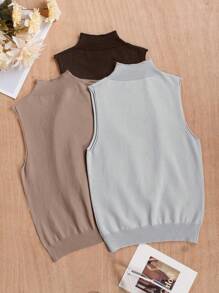 SHEIN Essnce 3pcs/Set Half High Neck Ribbed Knitted Sleeveless Top Combination - Multicolor - View 2