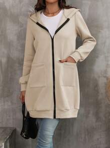 EMERY ROSE Women's Solid Color Zipper Front Hoodie With Double Pockets - Apricot - View 6